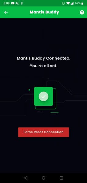 Mantis Buddy connected successfully — green checkmark confirmation